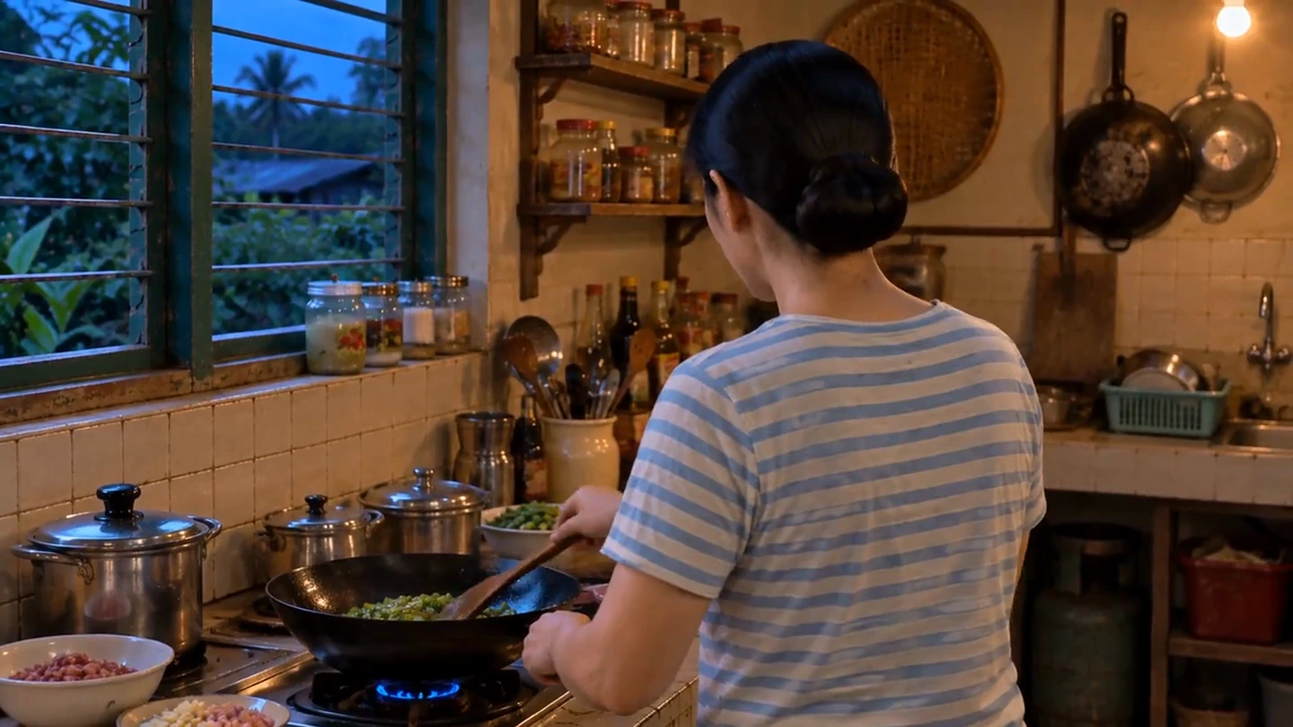 妈妈在木屋厨房里炒菜，窗外是傍晚的新村。
