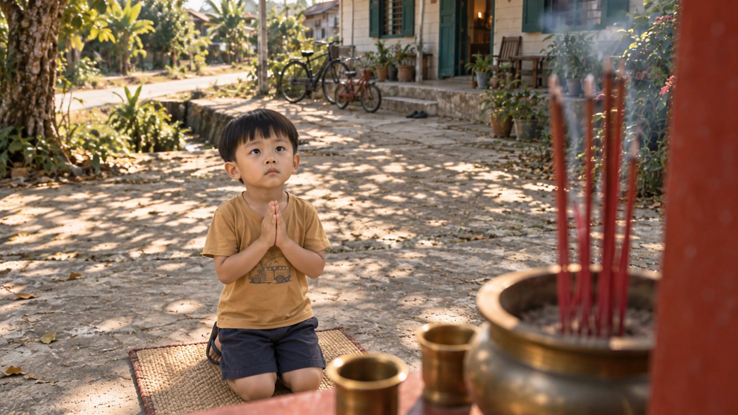 孩子在家门前跪着合掌，香炉在近处升起细烟。